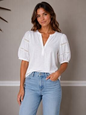 Velvet Heart White Eyelet Puff Sleeve Split Neck Top Size S NWOT